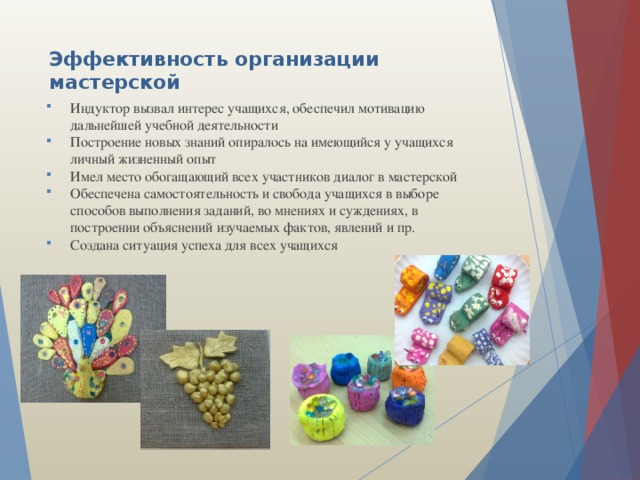 Эффективность организации мастерской Индуктор вызвал интерес учащихся, обеспечил мотивацию дальнейшей учебной деятельности Построение новых знаний опиралось на имеющийся у учащихся личный жизненный опыт Имел место обогащающий всех участников диалог в мастерской Обеспечена самостоятельность и свобода учащихся в выборе способов выполнения заданий, во мнениях и суждениях, в построении объяснений изучаемых фактов, явлений и пр. Создана ситуация успеха для всех учащихся  