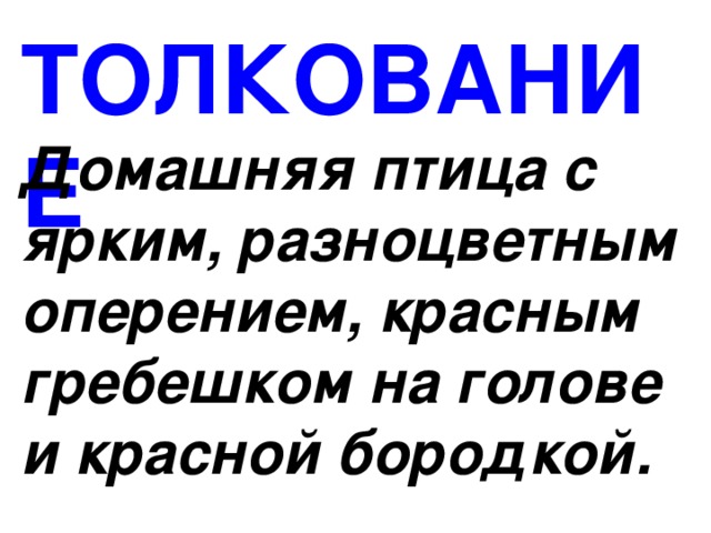 ТОЛКОВАНИЕ Домашняя птица с ярким, разноцветным оперением, красным гребешком на голове и красной бородкой. 