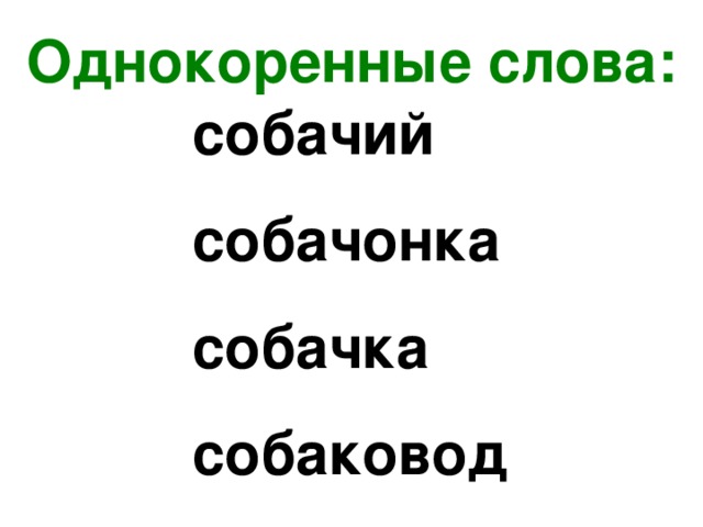 Однокоренные слова: собачий собачонка собачка собаковод 