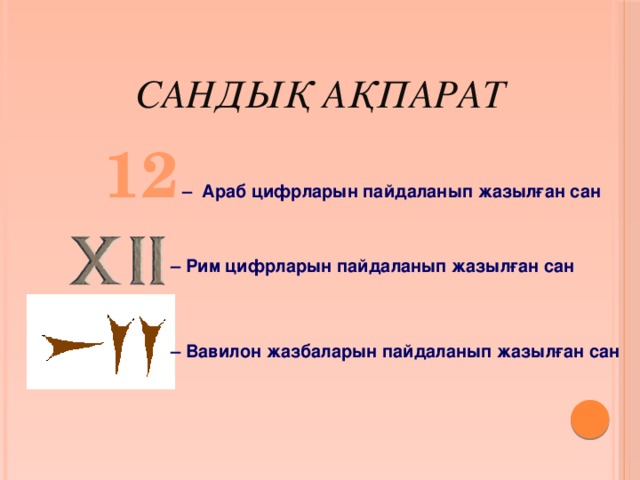 Сандық ақпарат  12  – Араб цифрларын пайдаланып жазылған сан  – Рим цифрларын пайдаланып жазылған сан  – Вавилон жазбаларын пайдаланып жазылған сан 