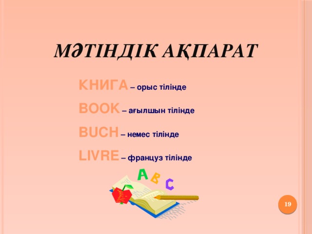 Мәтіндік ақпарат КНИГА – орыс тілінде BOOK – ағылшын тілінде BUCH  – немес тілінде LIVRE – француз тілінде  