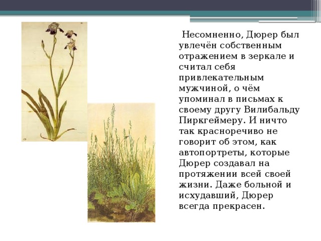   Несомненно, Дюрер был увлечён собственным отражением в зеркале и считал себя привлекательным мужчиной, о чём упоминал в письмах к своему другу Вилибальду Пиркгеймеру. И ничто так красноречиво не говорит об этом, как автопортреты, которые Дюрер создавал на протяжении всей своей жизни. Даже больной и исхудавший, Дюрер всегда прекрасен. 