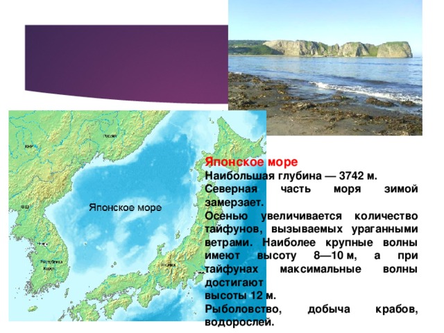 Японское море Наибольшая глубина — 3742 м. Северная часть моря зимой замерзает. Осенью увеличивается количество тайфунов, вызываемых ураганными ветрами. Наиболее крупные волны имеют высоту 8—10 м, а при тайфунах максимальные волны достигают высоты 12 м. Рыболовство, добыча крабов, водорослей. 