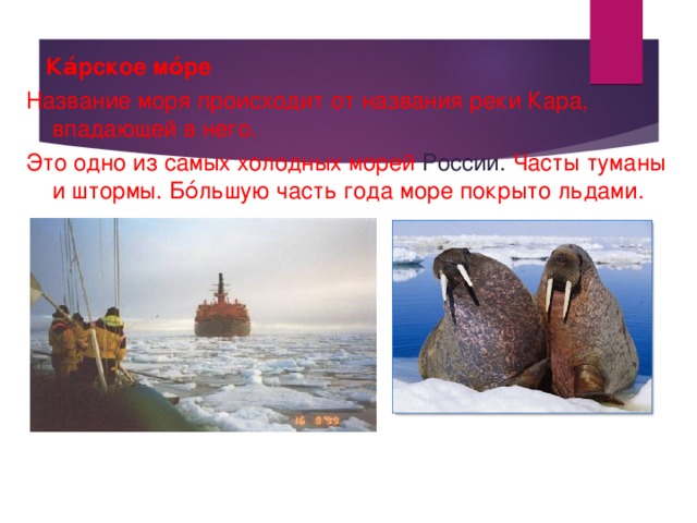   Ка́рское мо́ре  Название моря происходит от названия реки Кара, впадающей в него. Это одно из самых холодных морей России. Часты туманы и штормы. Бо́льшую часть года море покрыто льдами. 