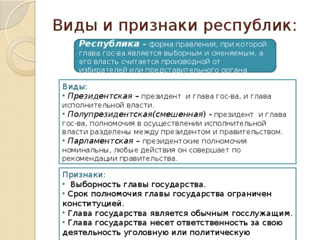 Виды и признаки республик: Республика – форма правления, при которой глава гос-ва является выборным и сменяемым, а его власть считается производной от избирателей или представительного органа Виды:  Президентская – президент и глава гос-ва, и глава исполнительной власти.  Полупрезидентская(смешенная ) - президент и глава гос-ва, полномочия в осуществлении исполнительной власти разделены между президентом и правительством.  Парламентская – президентские полномочия номинальны, любые действия он совершает по рекомендации правительства.  Признаки:  Выборность главы государства.  Срок полномочия главы государства ограничен конституцией.  Глава государства является обычным госслужащим.  Глава государства несет ответственность за свою деятельность уголовную или политическую ответственность. 