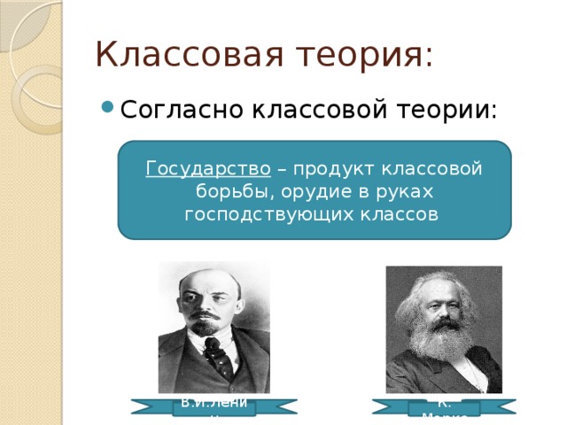 Классовая теория: Согласно классовой теории: Государство – продукт классовой борьбы, орудие в руках господствующих классов К. Маркс В.И.Ленин 