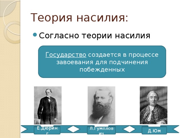 Теория насилия: Согласно теории насилия Государство создается в процессе завоевания для подчинения побежденных Л.Гумплович Е.Дюринг Д.Юм 