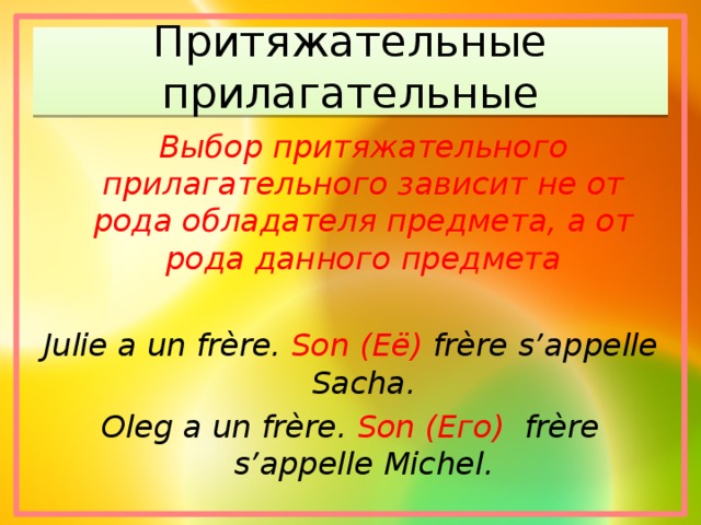 Притяжательные прилагательные  Выбор притяжательного прилагательного зависит не от рода обладателя предмета, а от рода данного предмета  Julie a un frère. Son (Её) frère s’appelle Sacha. Oleg a un frère. Son (Его) frère s’appelle Michel. 