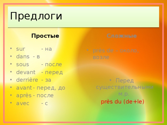 Предлоги Простые Сложные sur   - на dans  - в sous   - после devant  - перед derrière  - за аvant  - перед, до après  - после avec   - с près de – около, возле Перед существительными м.р.  près  du (de+le) 
