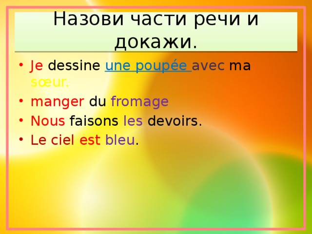 Назови части речи и докажи. Je dessine une poupée avec ma sœur. manger du fromage Nous faisons les devoirs. Le ciel est  bleu . 