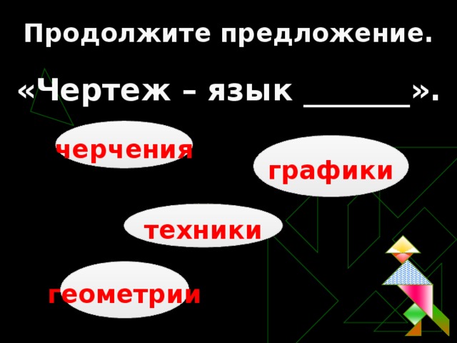 Продолжите предложение. «Чертеж – язык _______». черчения графики техники геометрии 3 