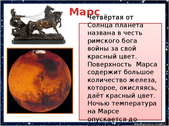 Марс  Четвёртая от Солнца планета названа в честь римского бога войны за свой красный цвет. Поверхность Марса содержит большое количество железа, которое, окисляясь, даёт красный цвет. Ночью температура на Марсе опускается до минус 85°. 