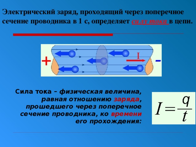 Электрический заряд, проходящий через поперечное сечение проводника в 1 с, определяет силу тока в цепи.  Сила тока – физическая величина, равная отношению заряда , прошедшего через поперечное сечение проводника, ко времени его прохождения:  