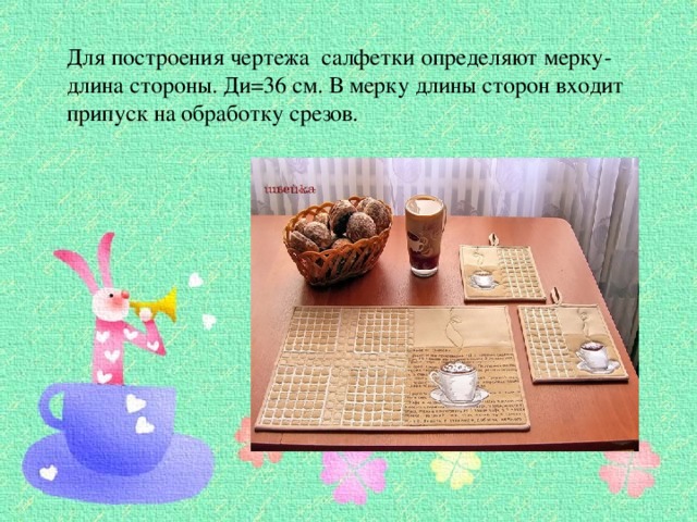 Для построения чертежа салфетки определяют мерку- длина стороны. Ди=36 см. В мерку длины сторон входит припуск на обработку срезов. 