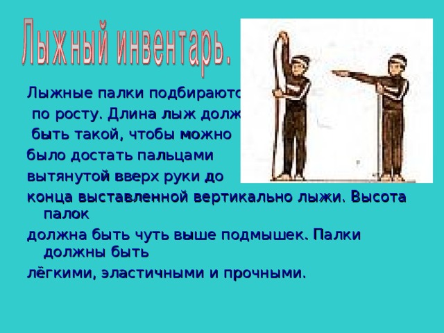 Лыжные палки подбираются  по росту. Длина лыж должна  быть такой, чтобы можно было достать пальцами вытянутой вверх руки до конца выставленной вертикально лыжи. Высота палок должна быть чуть выше подмышек. Палки должны быть лёгкими, эластичными и прочными. 