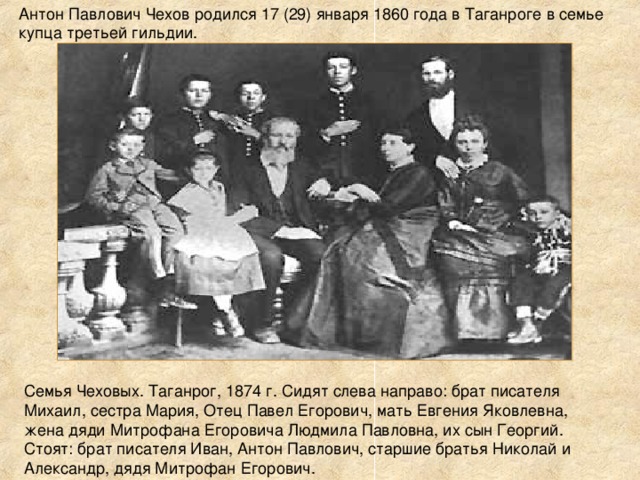 Антон Павлович Чехов родился 17 (29) января 1860 года в Таганроге в семье купца третьей гильдии. Семья Чеховых. Таганрог, 1874 г. Сидят слева направо: брат писателя Михаил, сестра Мария, Отец Павел Егорович, мать Евгения Яковлевна, жена дяди Митрофана Егоровича Людмила Павловна, их сын Георгий. Стоят: брат писателя Иван, Антон Павлович, старшие братья Николай и Александр, дядя Митрофан Егорович. 