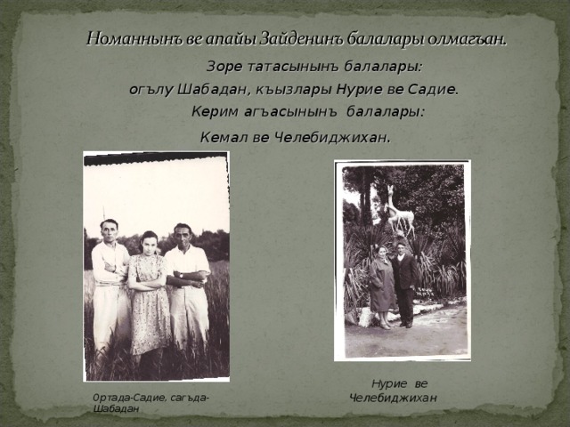 Ортада-Садие, сагъда-Шабадан  Зоре татасынынъ балалары:  огълу Шабадан, къызлары Нурие ве Садие.  Керим агъасынынъ балалары:  Кемал ве Челебиджихан .  Нурие ве Челебиджихан 