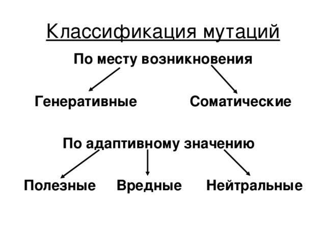 Классификация мутаций По месту возникновения  Генеративные Соматические  По адаптивному значению  Полезные Вредные Нейтральные  