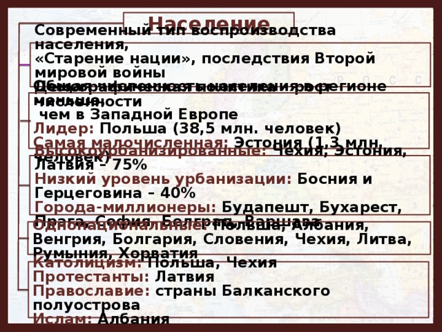  Население   Современный тип воспроизводства населения, «Старение нации», последствия Второй мировой войны Демографическая политика – рост численности    Общая численность населения в регионе меньше,  чем в Западной Европе Лидер: Польша (38,5 млн. человек) Самая малочисленная: Эстония (1,3 млн. человек)    Высокоурбанизированные: Чехия, Эстония, Латвия – 75% Низкий уровень урбанизации: Босния и Герцеговина – 40% Города-миллионеры: Будапешт, Бухарест, Прага, София, Белград, Варшава Однонациональные: Польша, Албания, Венгрия, Болгария, Словения, Чехия, Литва, Румыния, Хорватия Католицизм: Польша, Чехия Протестанты: Латвия Православие: страны Балканского полуострова Ислам: Албания 