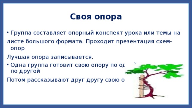 Своя опора Группа составляет опорный конспект урока или темы на листе большого формата. Проходит презентация схем-опор Лучшая опора записывается. Одна группа готовит свою опору по одной теме, вторая - по другой Потом рассказывают друг другу свою опору. 