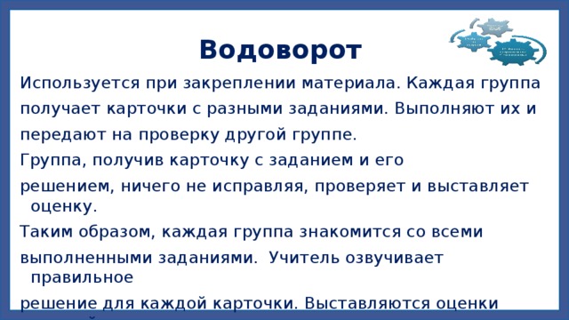 Водоворот Используется при закреплении материала. Каждая группа получает карточки с разными заданиями. Выполняют их и передают на проверку другой группе. Группа, получив карточку с заданием и его решением, ничего не исправляя, проверяет и выставляет оценку. Таким образом, каждая группа знакомится со всеми выполненными заданиями.  Учитель озвучивает правильное решение для каждой карточки. Выставляются оценки каждой группе. 
