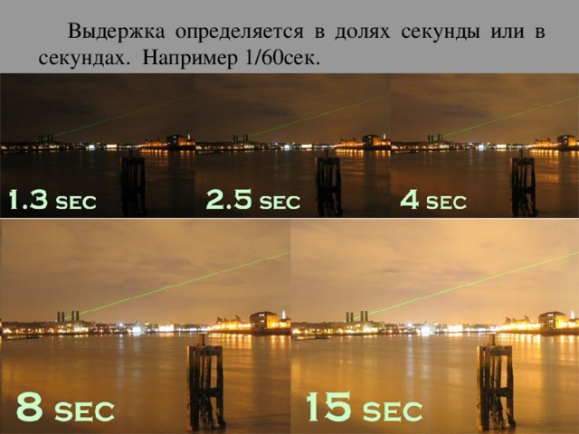   Выдержка определяется в долях секунды или в секундах.  Например 1/60сек. 