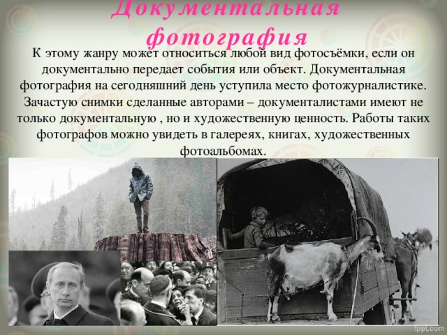 Документальная фотография К этому жанру может относиться любой вид фотосъёмки, если он документально передает события или объект. Документальная фотография на сегодняшний день уступила место фотожурналистике. Зачастую снимки сделанные авторами – документалистами имеют не только документальную , но и художественную ценность. Работы таких фотографов можно увидеть в галереях, книгах, художественных фотоальбомах. 