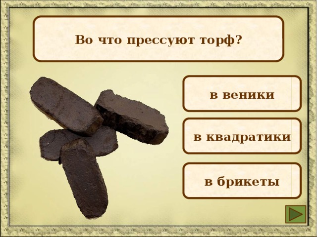   Во что прессуют торф?   в веники в квадратики в брикеты 