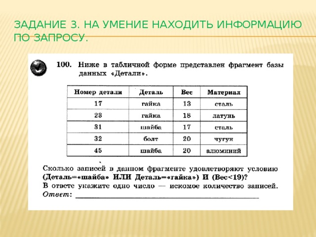 Задание 3. На умение находить информацию по запросу. 