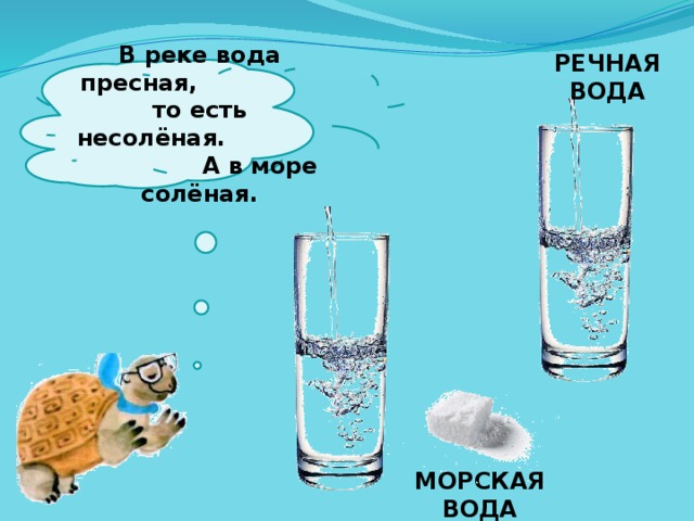РЕЧНАЯ ВОДА  В реке вода пресная, то есть несолёная. А в море солёная.   МОРСКАЯ ВОДА 