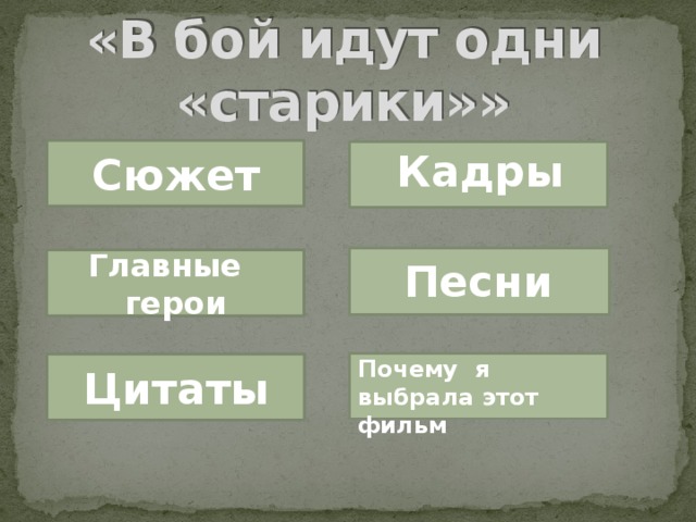«В бой идут одни «старики»» Сюжет Кадры Главные герои Песни Почему я выбрала этот фильм Цитаты 