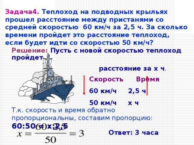 Задача4.  Теплоход на подводных крыльях прошел расстояние между пристанями со средней скоростью 60 км/ч за 2,5 ч. За сколько времени пройдет это расстояние теплоход, если будет идти со скоростью 50 км/ч? Решение:  Пусть с новой скоростью теплоход пройдет      расстояние за x ч .    Скорость  Время     60 км/ч  2,5 ч     50 км/ч  x ч Т.к. скорость и время обратно пропорциональны, составим пропорцию: 60:50 = x :2,5 Ответ: 3 часа 