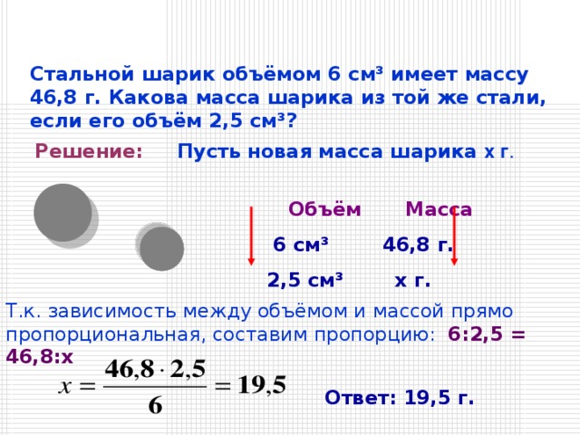 Стальной шарик объёмом 6 см ³ имеет массу 46,8 г. Какова масса шарика из той же стали, если его объём 2,5 см ³ ? Решение:  Пусть новая масса шарика х г .    Объём  Масса      6 см ³   46,8 г.     2,5 см ³   x г. Т.к. зависимость между объёмом и массой прямо пропорциональная, составим пропорцию: 6:2,5 = 46,8: x Ответ: 19,5 г. 