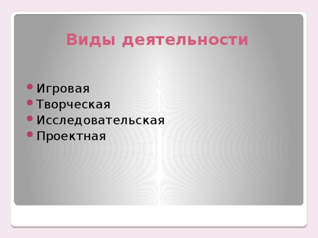 Виды деятельности Игровая Творческая Исследовательская Проектная 