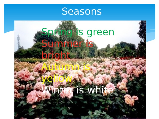 Seasons Spring is green Summer is bright Autumn is yellow Winter is white 