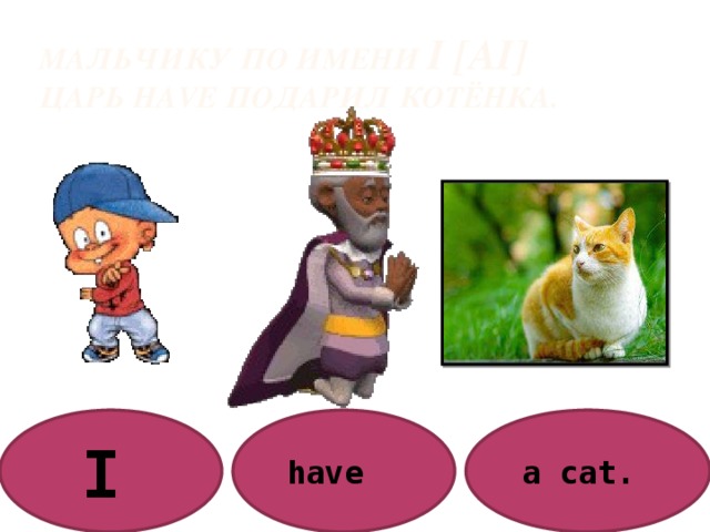 Мальчику по имени I [ai] царь Have подарил котёнка. I  have a cat. 