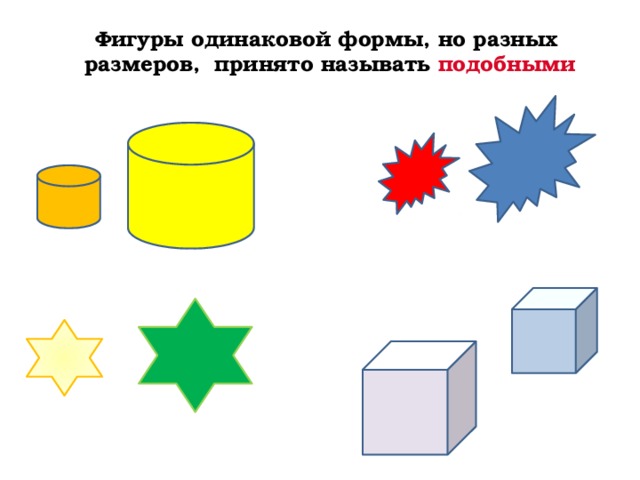 Фигуры одинаковой формы, но разных размеров, принято называть подобными 
