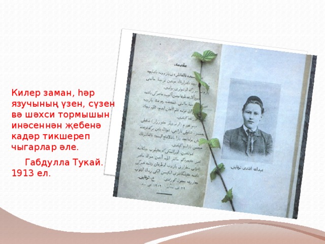 Килер заман, һәр язучының үзен, сүзен вә шәхси тормышын инәсеннән җебенә кадәр тикшереп чыгарлар әле.    Габдулла Тукай. 1913 ел. 
