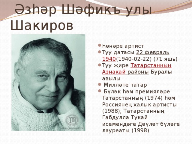  Әзһәр Шәфикъ улы Шакиров Һөнәре артист Туу датасы 22 февраль  1940 (1940-02-22) (71 яшь) Туу җире Татарстанның  Азнакай районы Буралы авылы  Милләте татар  Бүләк һәм премияләре Татарстанның (1974) һәм Россиянең халык артисты (1988), Татарстанның Габдулла Тукай исемендәге Дәүләт бүләге лауреаты (1998). 