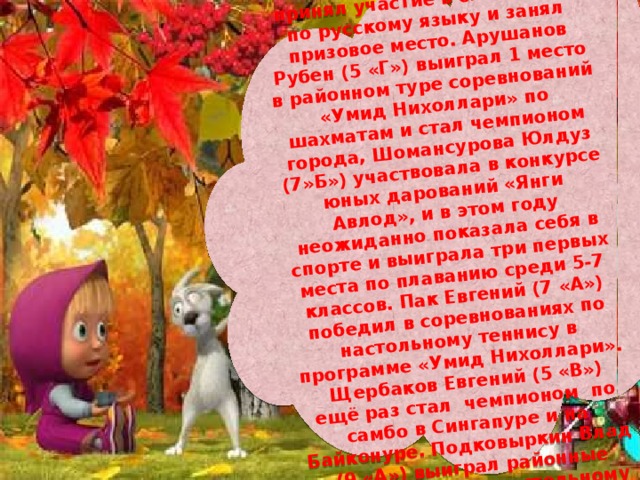  Филатов Дмитрий (9 «б») участвует в соревнованиях и завоёвывает призовые места. Лекарев Евгений (9 «Б») принял участие в олимпиаде по русскому языку и занял призовое место. Арушанов Рубен (5 «Г») выиграл 1 место в районном туре соревнований «Умид Нихоллари» по шахматам и стал чемпионом города, Шомансурова Юлдуз (7»Б») участвовала в конкурсе юных дарований «Янги Авлод», и в этом году неожиданно показала себя в спорте и выиграла три первых места по плаванию среди 5-7 классов. Пак Евгений (7 «А») победил в соревнованиях по настольному теннису в программе «Умид Нихоллари». Щербаков Евгений (5 «В») ещё раз стал чемпионом по самбо в Сингапуре и на Байконуре. Подковыркин Влад (9 «А») выиграл районные соревнования по настольному теннису и вышел в город заняв 1 место. 