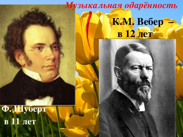 Музыкальная одарённость К.М. Вебер – в 12 лет Ф. Шуберт -  в 11 лет 