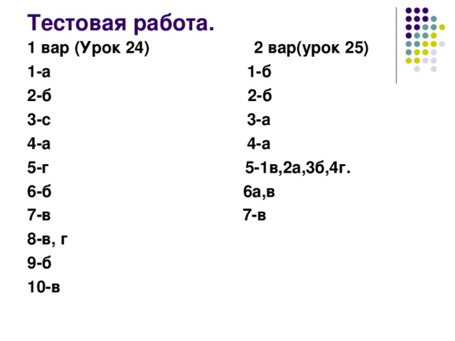 Тестовая работа. 1 вар (Урок 24) 2 вар(урок 25) 1-а 1-б 2-б 2-б 3-с 3-а 4-а 4-а 5-г 5-1в,2а,3б,4г. 6-б 6а,в 7-в 7-в 8-в, г 9-б 10-в 