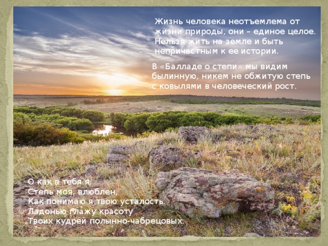 Жизнь человека неотъемлема от жизни природы, они – единое целое. Нельзя жить на земле и быть непричастным к ее истории. В «Балладе о степи» мы видим былинную, никем не обжитую степь с ковылями в человеческий рост. О как в тебя я, Степь моя, влюблен, Как понимаю я твою усталость. Ладонью глажу красоту Твоих кудрей полынно-чабрецовых. 