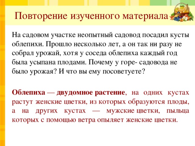 Повторение изученного материала На садовом участке неопытный садовод посадил кусты облепихи. Прошло несколько лет, а он так ни разу не собрал урожай, хотя у соседа облепиха каждый год была усыпана плодами. Почему у горе- садовода не было урожая? И что вы ему посоветуете?  Облепиха  —  двудомное   растение , на одних кустах растут женские цветки, из которых образуются плоды, а на других кустах — мужские цветки, пыльца которых с помощью ветра опыляет женские цветки.  