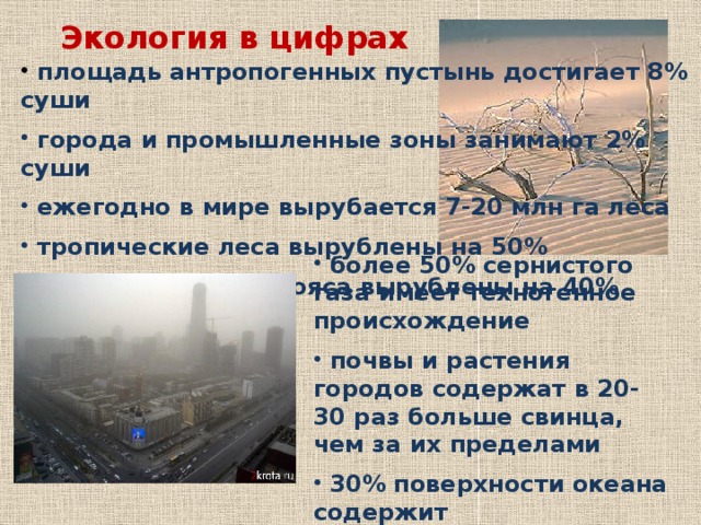 Экология в цифрах  площадь антропогенных пустынь достигает 8% суши  города и промышленные зоны занимают 2% суши  ежегодно в мире вырубается 7-20 млн га леса  тропические леса вырублены на 50%  леса умеренного пояса вырублены на 40%  более 50% сернистого газа имеет техногенное происхождение  почвы и растения городов содержат в 20-30 раз больше свинца, чем за их пределами  30% поверхности океана содержит нефтепродукты 