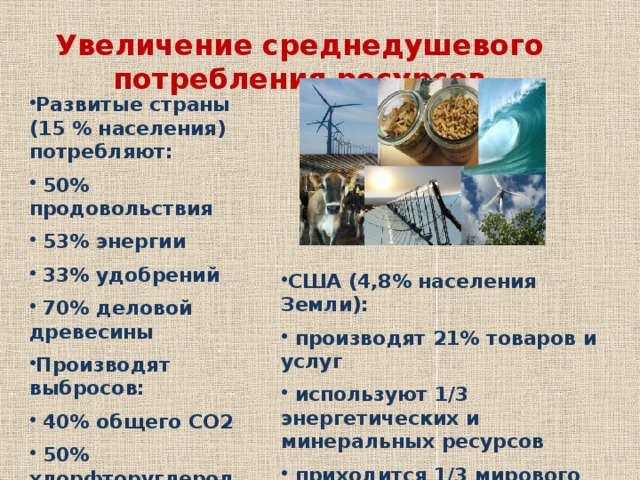 Увеличение среднедушевого потребления ресурсов Развитые страны (15 % населения) потребляют:  50% продовольствия  53% энергии  33% удобрений  70% деловой древесины Производят выбросов:  40% общего СО2  50% хлорфторуглеродов  82% особо опасных отходов США (4,8% населения Земли):  производят 21% товаров и услуг  используют 1/3 энергетических и минеральных ресурсов  приходится 1/3 мирового загрязнения 