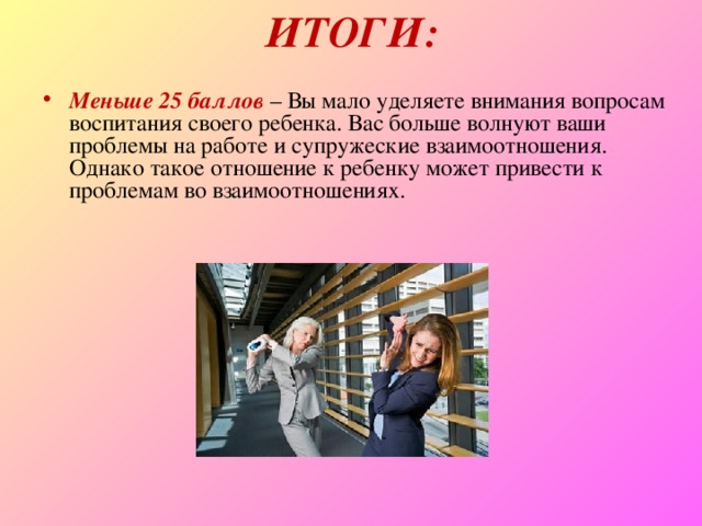 ИТОГИ: Меньше 25 баллов  – Вы мало уделяете внимания вопросам воспитания своего ребенка. Вас больше волнуют ваши проблемы на работе и супружеские взаимоотношения. Однако такое отношение к ребенку может привести к проблемам во взаимоотношениях. 