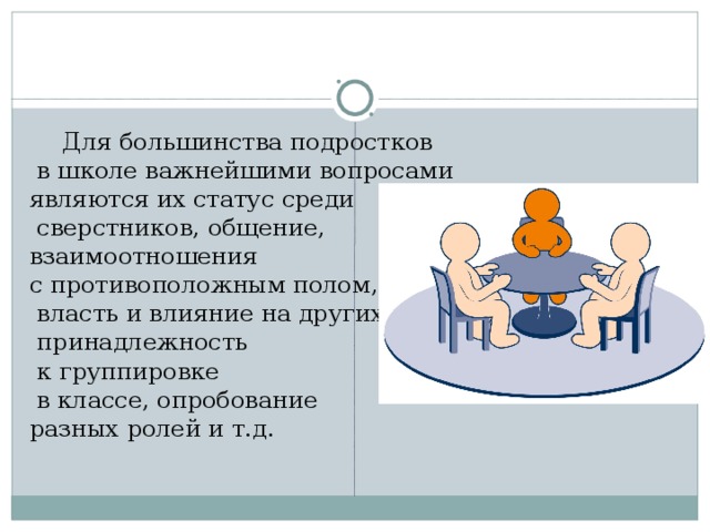  Для большинства подростков  в школе важнейшими вопросами являются их статус среди  сверстников, общение, взаимоотношения с противоположным полом,  власть и влияние на других,  принадлежность  к группировке  в классе, опробование разных ролей и т.д.   