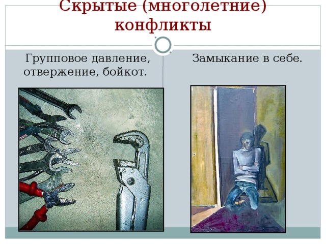 Скрытые (многолетние) конфликты  Групповое давление, отвержение, бойкот.  Замыкание в себе. 