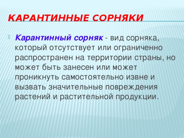 Карантинные сорняки Карантинный сорняк - вид сорняка, который отсутствует или ограниченно распространен на территории страны, но может быть занесен или может проникнуть самостоятельно извне и вызвать значительные повреждения растений и растительной продукции.  